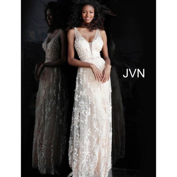 JVN Jovani Prom Forest Fairy Beaded 3D Floral Flower Maxi Formal Event Dress 14 - Picture 1 of 16